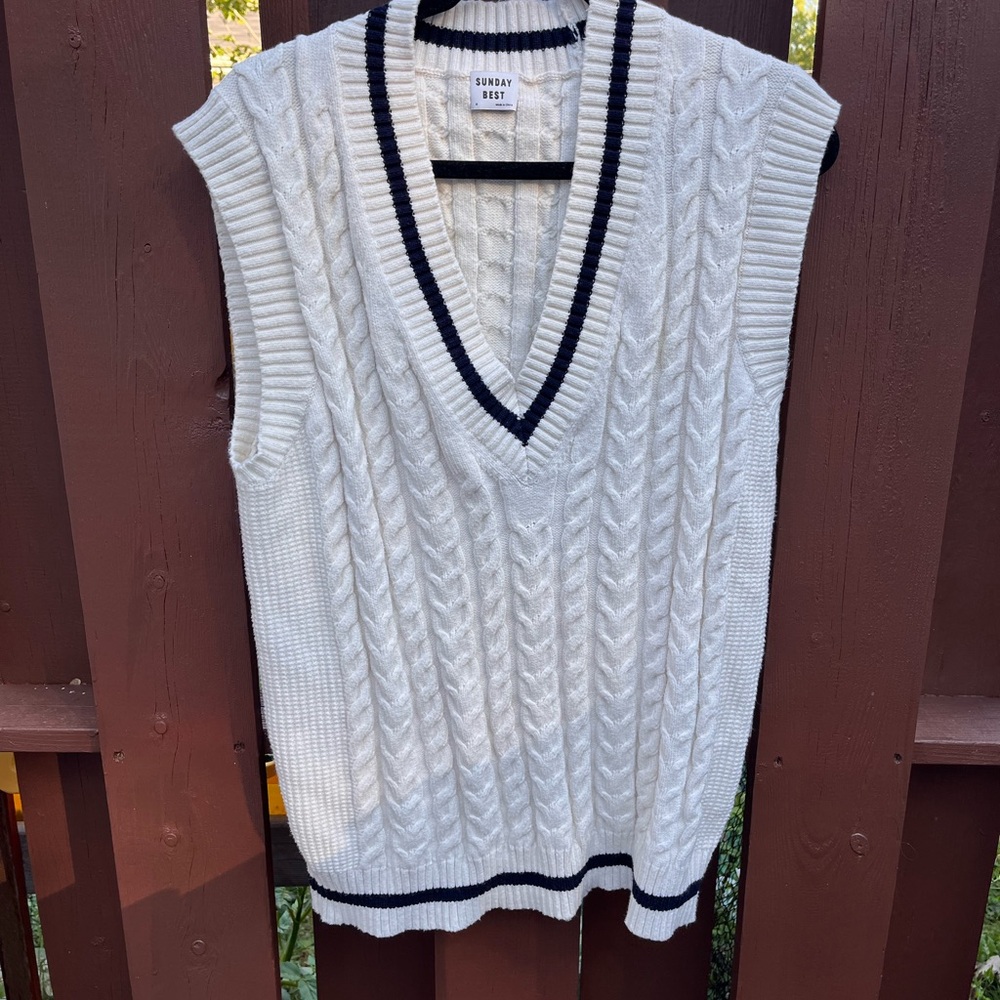 Sunday Best Cable Knit Sweater Vest with Navy Stripe